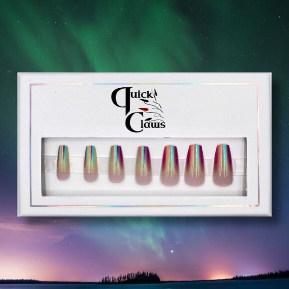 Northern Lights Coffin Press-On Nails: Iridescent Arctic Sky Vibes - Picture 4 of 4